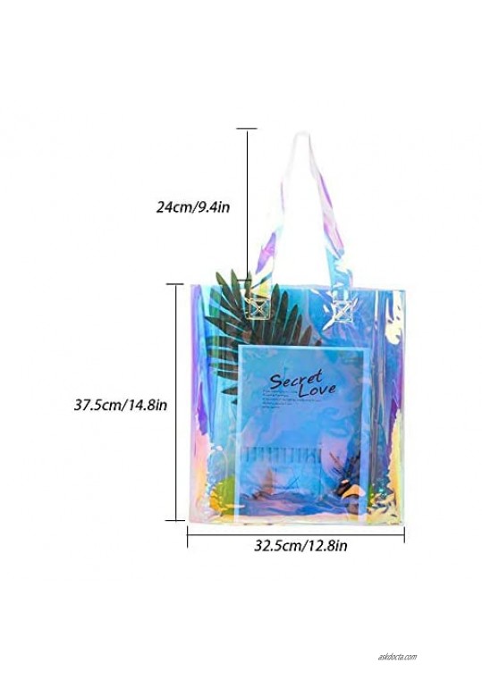 Clear Tote Bags Holographic Rainbow Work Bag Multi-Use Big Capacity Shoulder Handbag for Shopping Gym Sports Security Travel Beach