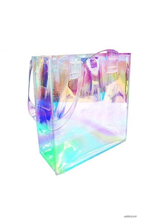 Clear Tote Bags  Holographic Rainbow Work Bag  Multi-Use Big Capacity Shoulder Handbag for Shopping  Gym  Sports  Security Travel  Beach