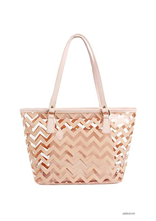 Clear Tote Bags with Full Chevron Stripe PVC Shoulder Handbag with Interior Pocket