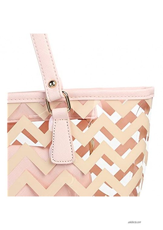 Clear Tote Bags with Full Chevron Stripe PVC Shoulder Handbag with Interior Pocket