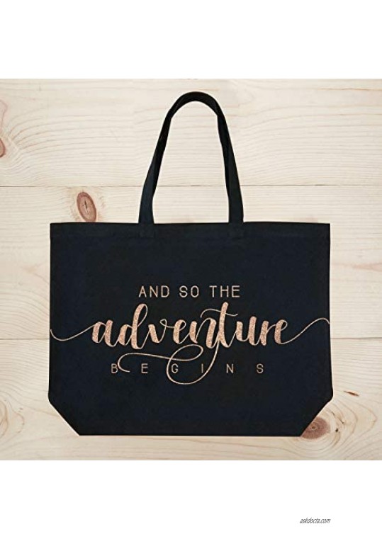 ElegantPark And So the Adventure Begins Wedding Bride Tote Bachelorette Party Gift Personalized Travel Shoulder Bag Canvas Black with Champagne Glitter