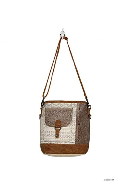Myra Bag Tribal Stripe Front Pocket Upcycled Canvas & Cowhide Leather Shoulder Bag S-1232 Brown One Size