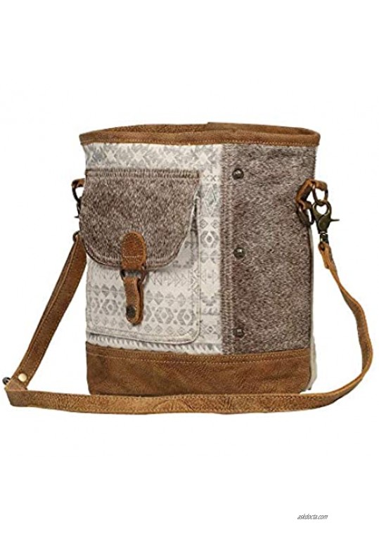 Myra Bag Tribal Stripe Front Pocket Upcycled Canvas & Cowhide Leather Shoulder Bag S-1232  Brown  One Size