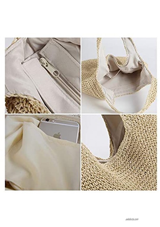 QTKJ Hand-woven Soft Large Straw Shoulder Bag Boho Straw Handle Tote Retro Summer Beach Bag Rattan Handbag (Beige)