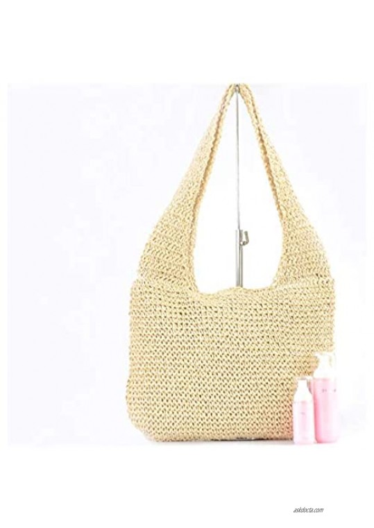 QTKJ Hand-woven Soft Large Straw Shoulder Bag Boho Straw Handle Tote Retro Summer Beach Bag Rattan Handbag (Beige)