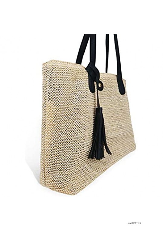 QTKJ Women Straw Summer Beach Bag Handwoven Big Tote Leather Shoulder Handbag with Tassel Decorate (Black)