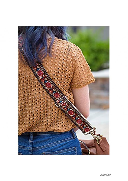 Red Vintage Handbag Strap & Purse Strap Replacement - Jacquard Woven Embroidered Guitar Strap Styled Shoulder & Crossbody Strap - Adjustable Bag Strap for Tote and Messenger Bags – Gold Hardware