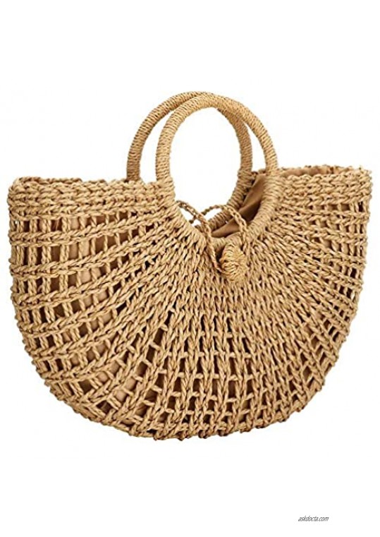 Straw Bags for Women Large Hand-woven Straw Bag Round Handle Ring Tote Retro Summer Beach Bag