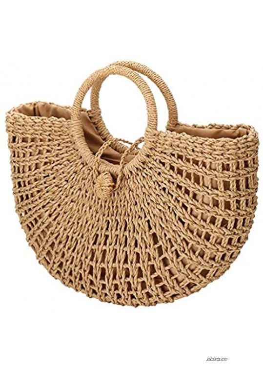 Straw Bags for Women Large Hand-woven Straw Bag Round Handle Ring Tote Retro Summer Beach Bag