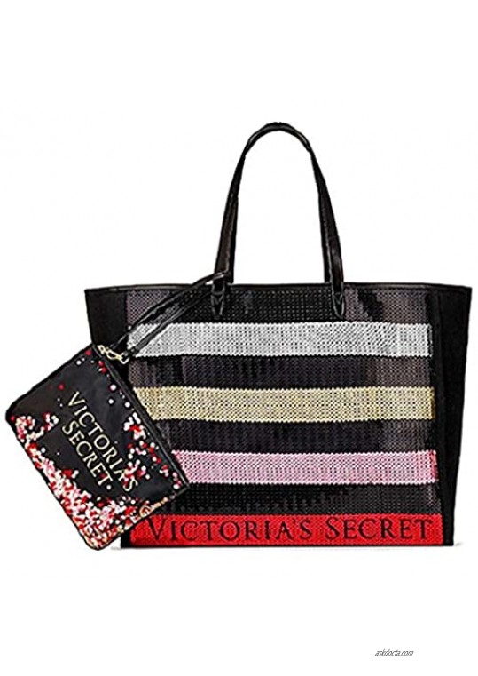 Victoria's Secret Bling Stripe Sequin Carryall Tote W Mini Bag Set Black/Red