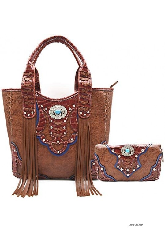 Western Style Cowgirl Fringe Concealed Purse Conchos Totes Country Women Handbag Shoulder Bags Wallet Set