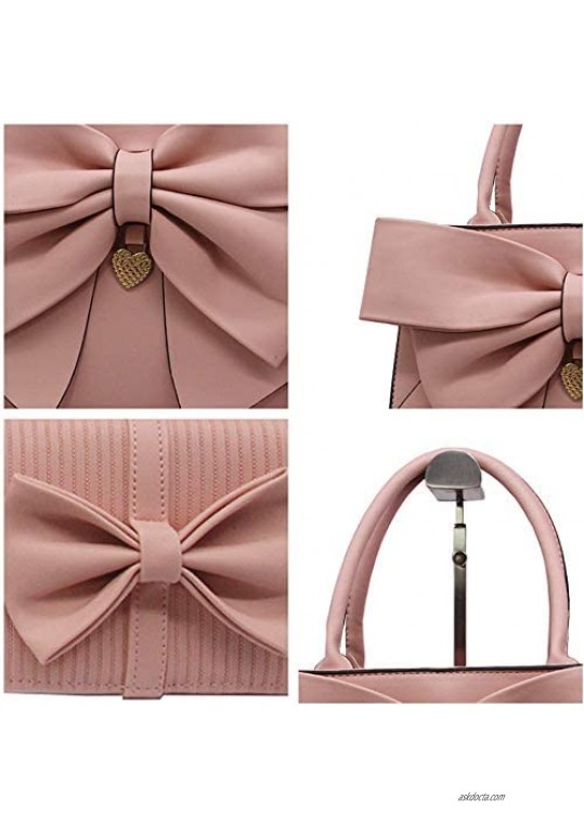 Women Handbag 2 Pcs Set Big Bow-Knot PU Leather Top Handle Bag Designer Tote Bag Clutch Wallet Set for Ladies