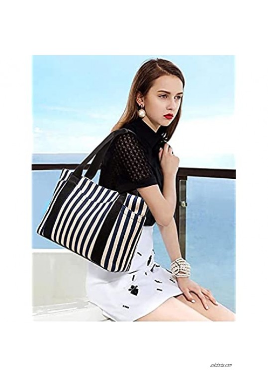 Women Medium Tote Bag for Work with Pocket Canvas Striped Everyday Handbag Purse