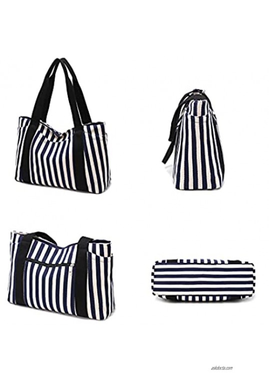 Women Medium Tote Bag for Work with Pocket Canvas Striped Everyday Handbag Purse