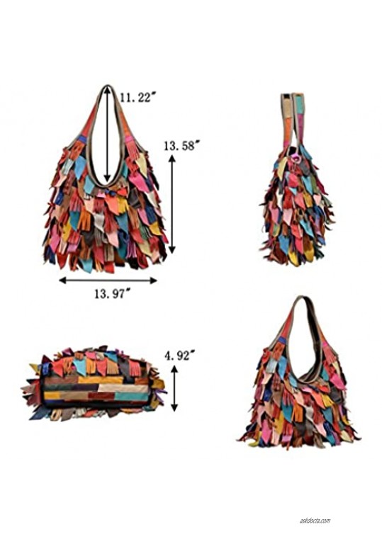YALUXE Women's Soft Lambskin Leather Multicolor Tote Crossbody Shoulder Bag Tassel Fringe