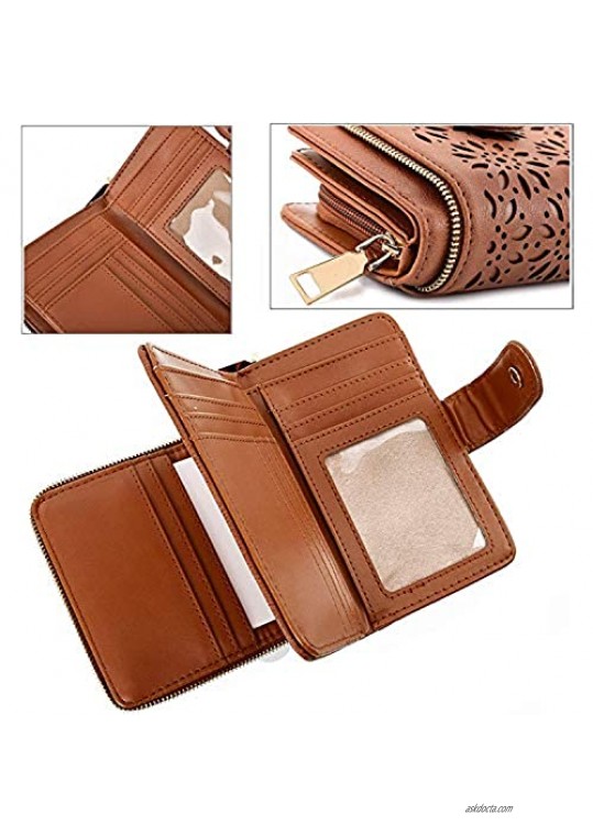 Boho Womens Wallet RFID Blocking Vintage Hollow Wristlet Multi Card Holder Cases for Travel with Zipper Coffee