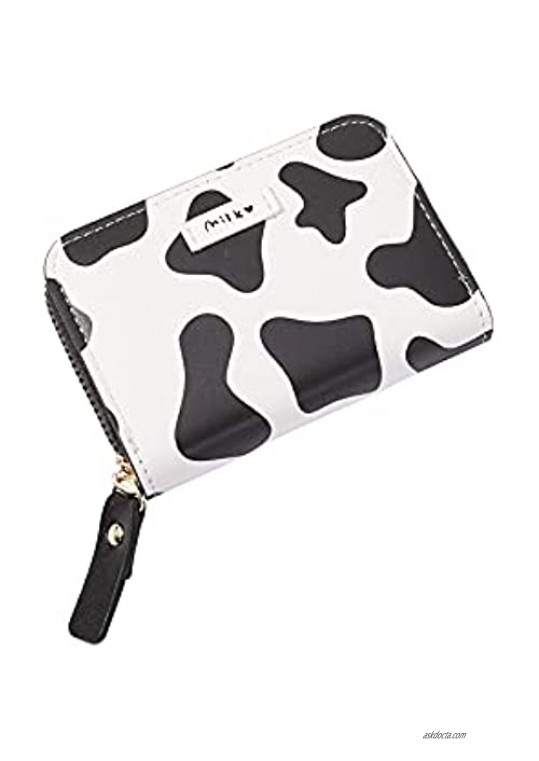 Cute Cow Print Credit Card Holder- Accordian Zipper Card Case Wallet Cash Pockets Coin Purse for Women (BLACK WHITE PRINT)