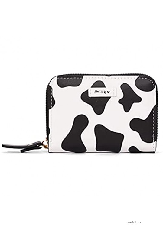 Cute Cow Print Credit Card Holder- Accordian Zipper Card Case Wallet Cash Pockets Coin Purse for Women (BLACK WHITE PRINT)