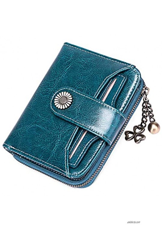 FALAN MULE Small Wallets for Women RFID Blocking Genuine Leather Bifold Zippered Pocket Wallet Card Case Purse with ID Window