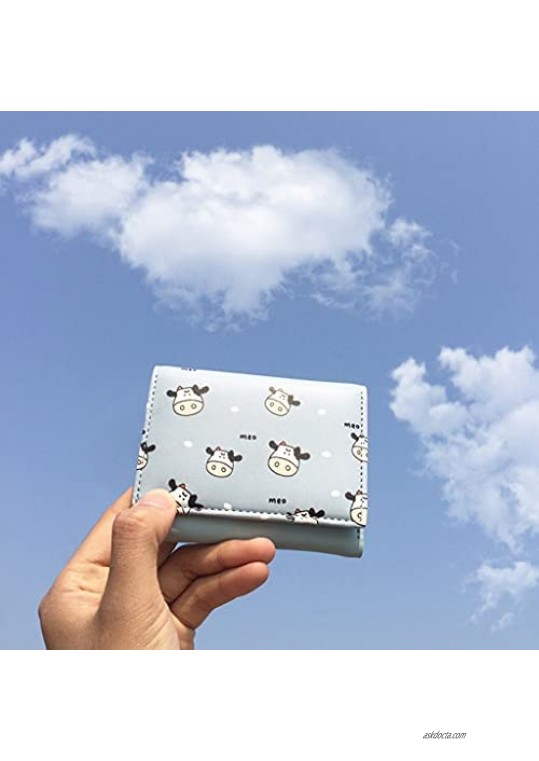 Girls Cute Cow Print Tri-folded Wallet Small Wallet Cash Pocket Card Holder ID Window Purse for Women