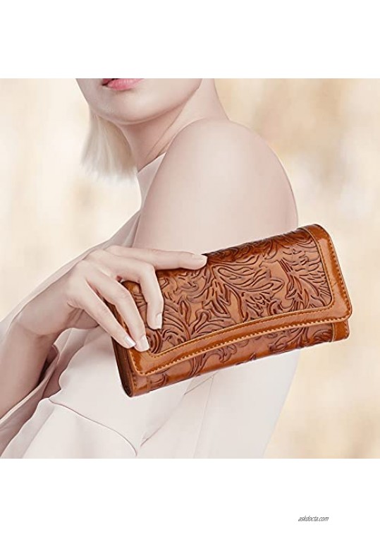 MEITRUE Trifold Wallets For Women RFID Blocking Ladies Wallets Soft PU Leather Money Organizer Credit Card Holder Embossed Long Phone Purse 2214-1