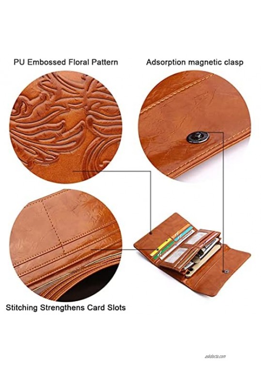MEITRUE Trifold Wallets For Women RFID Blocking Ladies Wallets Soft PU Leather Money Organizer Credit Card Holder Embossed Long Phone Purse 2214-1