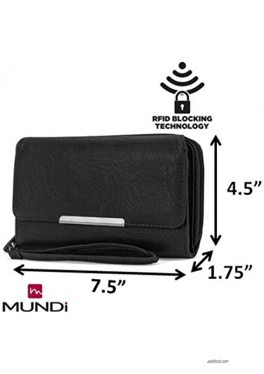 MUNDI Big Fat Womens RFID Blocking Wallet Clutch Organizer Removable Wristlet ((Black))