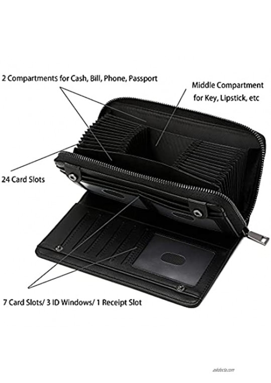 OPAGE Women Wallet 34 Card Slots Large Capacity Credit Card Holder Genuine Leather RFID Blocking Purse Zip Around Accordion & Bi-fold Wallet for Women