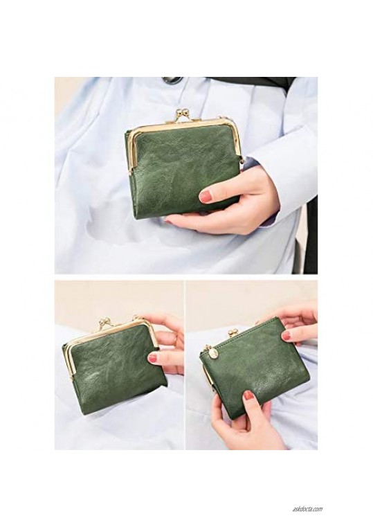 Pofee Womens Wallet Rfid Small Compact Bifold Leather Vintage Wallet Ladies Coin Purse With Zipper and Kiss Lock