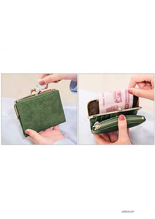 Pofee Womens Wallet Rfid Small Compact Bifold Leather Vintage Wallet Ladies Coin Purse With Zipper and Kiss Lock