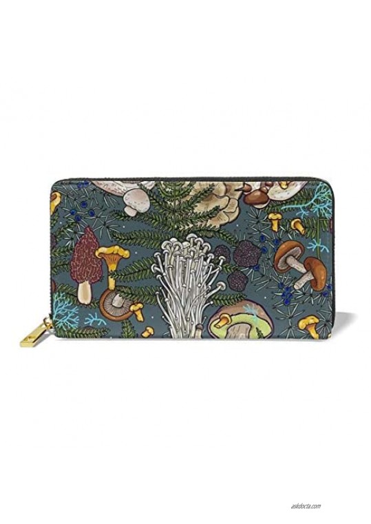 Poream Mushroom Forest Leaves Customized Leather Zipper Printed Clutch Bag Wallet Card Large Capacity Long Purse For Women