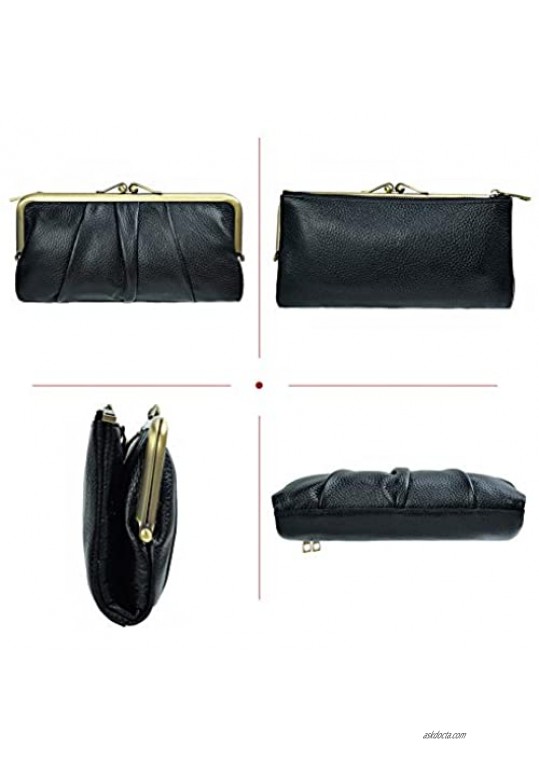 Rfid Blocking Wallets for Women Leather Clutch Wallet Bifold Credit Card Holder Ladies Coin Purse With Zipper and Kiss Lock (black)