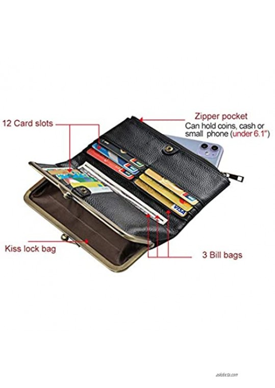 Rfid Blocking Wallets for Women Leather Clutch Wallet Bifold Credit Card Holder Ladies Coin Purse With Zipper and Kiss Lock (black)