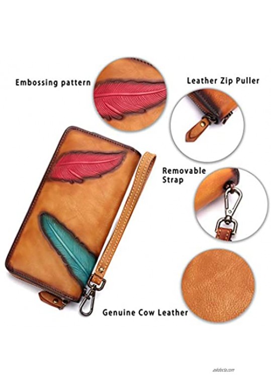 Women's Wallet Genuine Leather Zip Around Wristlet Long Purse Vintage Embossing Cowhide Capacity Handmade Clutch(Brown)