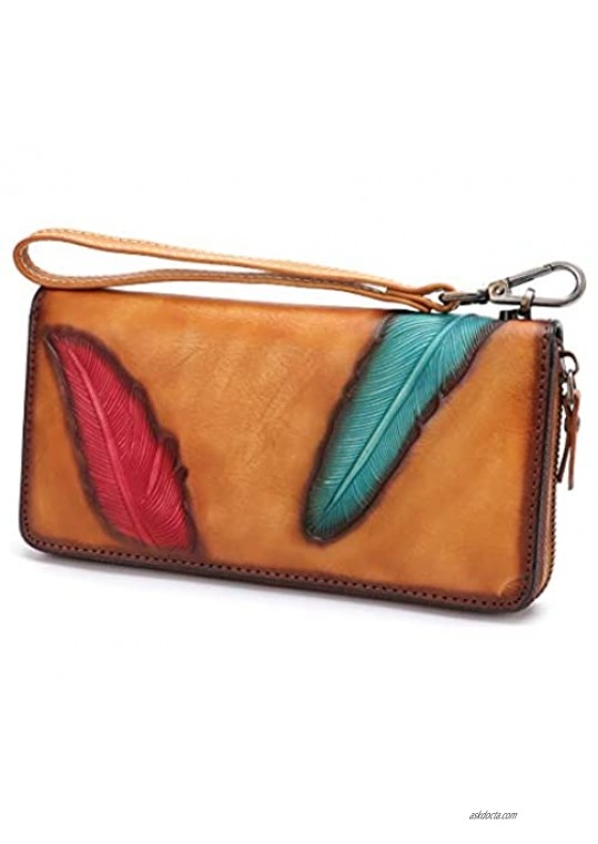 Women's Wallet Genuine Leather Zip Around Wristlet Long Purse Vintage Embossing Cowhide Capacity Handmade Clutch(Brown)