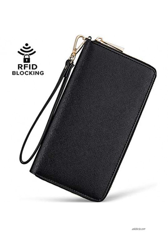 Women's Wallet RFID Blocking Travel Continental Wristlet Wallet Ladies Purse Zip Around Large Capacity Luxury Genuine Leather Card Holder Organizer (Red wine)