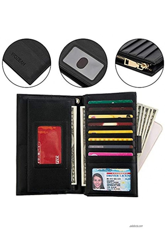 WOZEAH Womens Wallet Large Capacity RFID Blocking Eco-Friendly Artificial Leather Wallets Credit Cards Organizer Checkbook Wallet (1- Pebbled black)