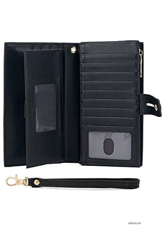 WOZEAH Womens Wallet Large Capacity RFID Blocking Eco-Friendly Artificial Leather Wallets Credit Cards Organizer Checkbook Wallet (1- Pebbled black)