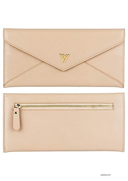 YBONNE Women's Long Wallet RFID Blocking Envelope Purse Made of Genuine Leather (Beige)