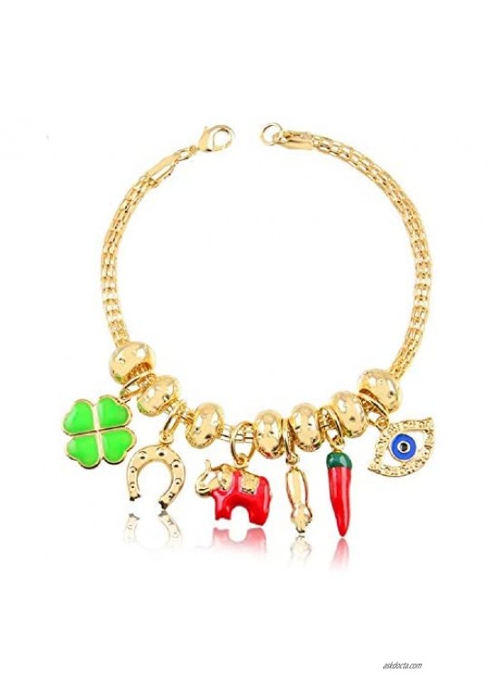 AMA 18k Gold-Plated Bracelet with Enamel Lucky Pendants - 7.5-Inch Chain Wrist Jewelry with Mini Good Luck Charms - Colorful & Sparkling Fashion Accessory - Best Birthday & Graduation Gift for Women