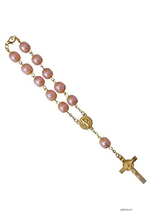 Classic Style Rosary Bracelet Car Rosary or Hanging Religious Charm Capped Pearls with Gold Plated Benedictine Medal Centerpiece and Crucifix Includes Blessed Prayer Card Four Colors (PINK)
