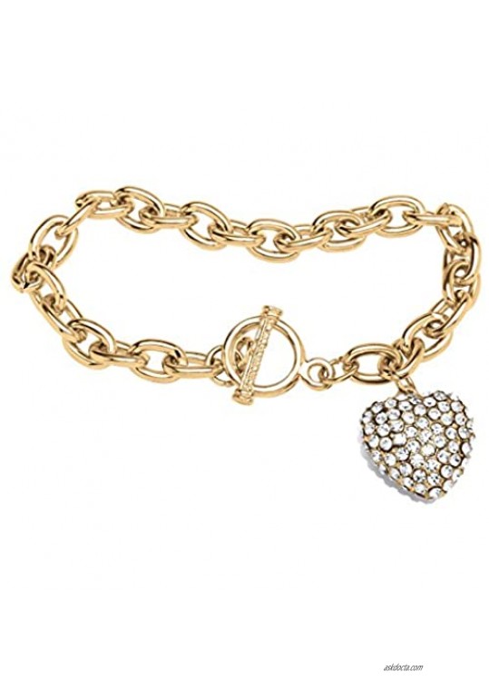 Goldtone Simulated Birthstone Puffed Heart Crystal Charm Bracelet  Toggle Clasp  8 inches