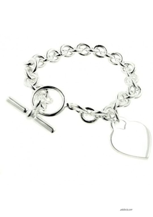 Heavy Sterling Silver Rolo Heart Tag Charm Toggle Bracelet - 7"