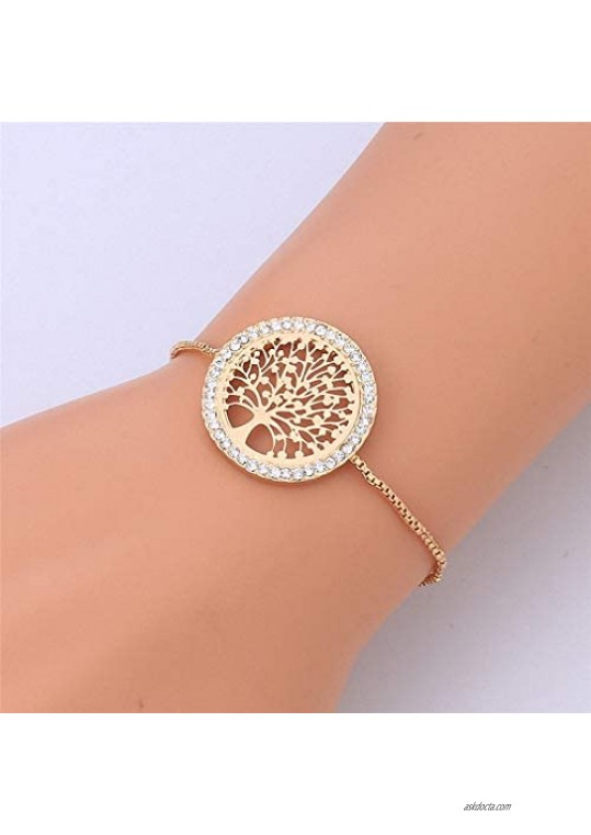 Hynsin Womens Bracelet New Clear Crystal Gold Charm Bracelets Bangles for Women Tree of Life Adjustable Bracelet Jewelry Gift