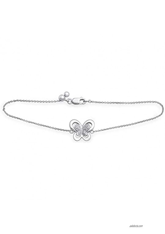 Jewelili Sterling Silver Natural White Round Diamond Accent Butterfly Bracelet  7.25"
