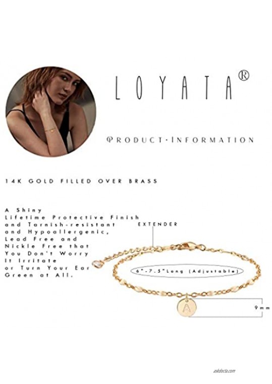 LOYATA Initial Bracelet Gold Tiny Coin Charm Disc Hammered Engraved Letter 14K Gold Filled Dainty Lace Chain Simple Alphabet Personalized Jewelry Gift for Women