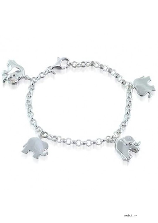 Multi Charm Dangling Good Luck Elephant Bracelet For Women For Teen Rolo Link Chain 925 Sterling Silver