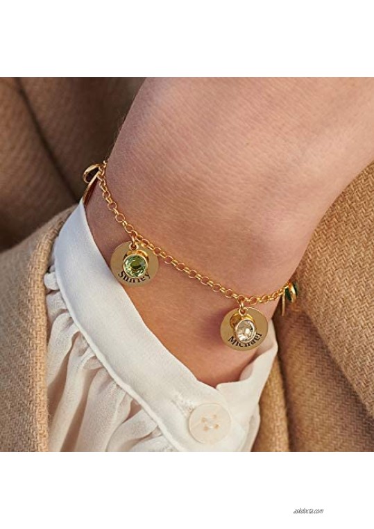 MyNameNecklace Personalized Engraved Circle Charm Bracelet with Hanging CZ Stone for Women-Sterling Silver Jewelry Gift for Mom