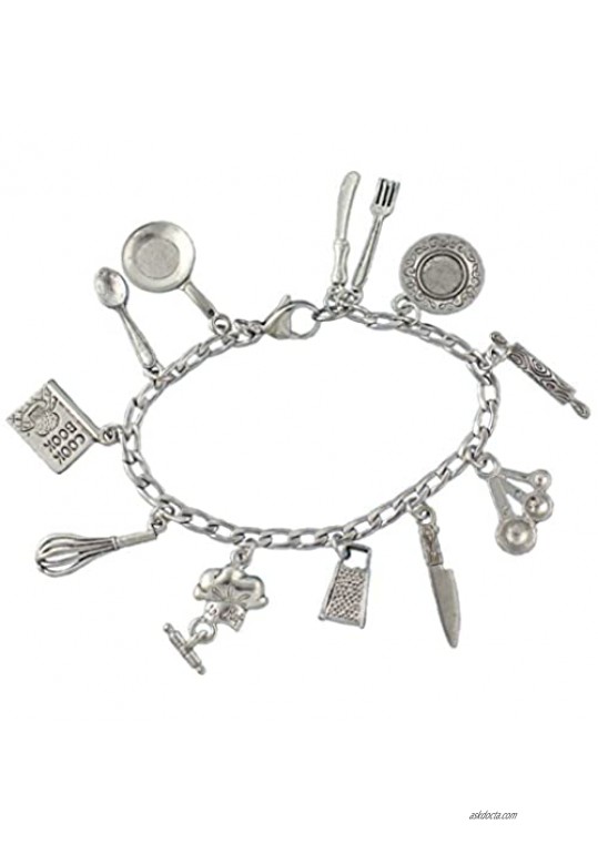 Night Owl Jewelry Chef Charm Bracelet- Pewter Cooking and Baking Themed Charms on Stainless Steel Chain - Sizes XS S M L XL