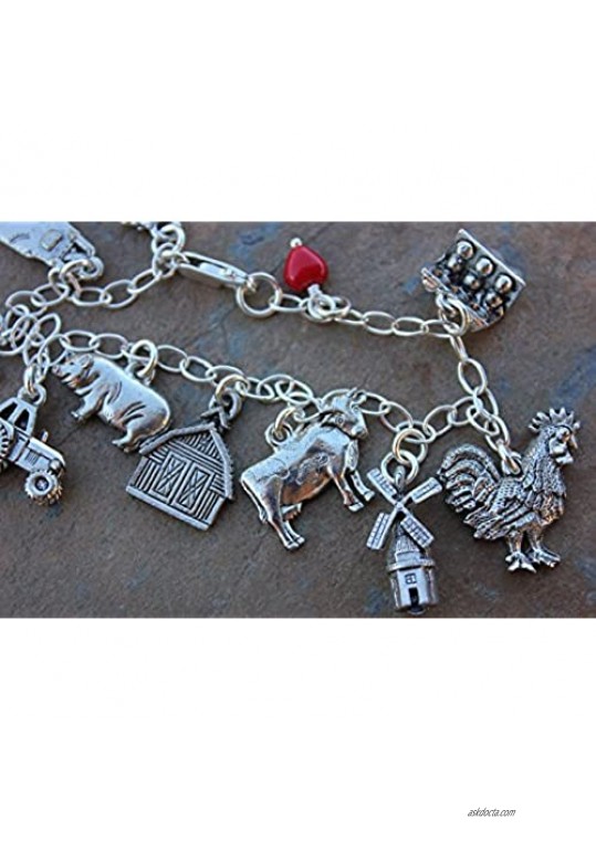 Night Owl Jewelry Farm Charm Bracelet- Pewter Barnyard Animal Charms Sterling Silver Chain- Made in USA- Sizes XS to XL